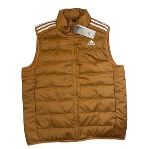 Adidas ESS Down Vest Mens Large Mesa Brown Puffer Zip Up HK4641 3 Stripe NWT